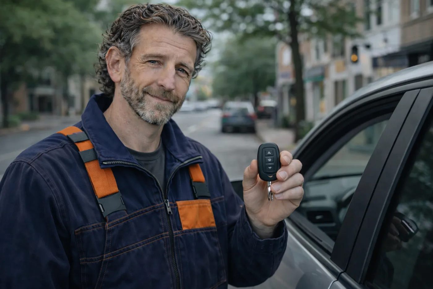 Car key replacement locksmith in Charlottesville VA holding a car key fob