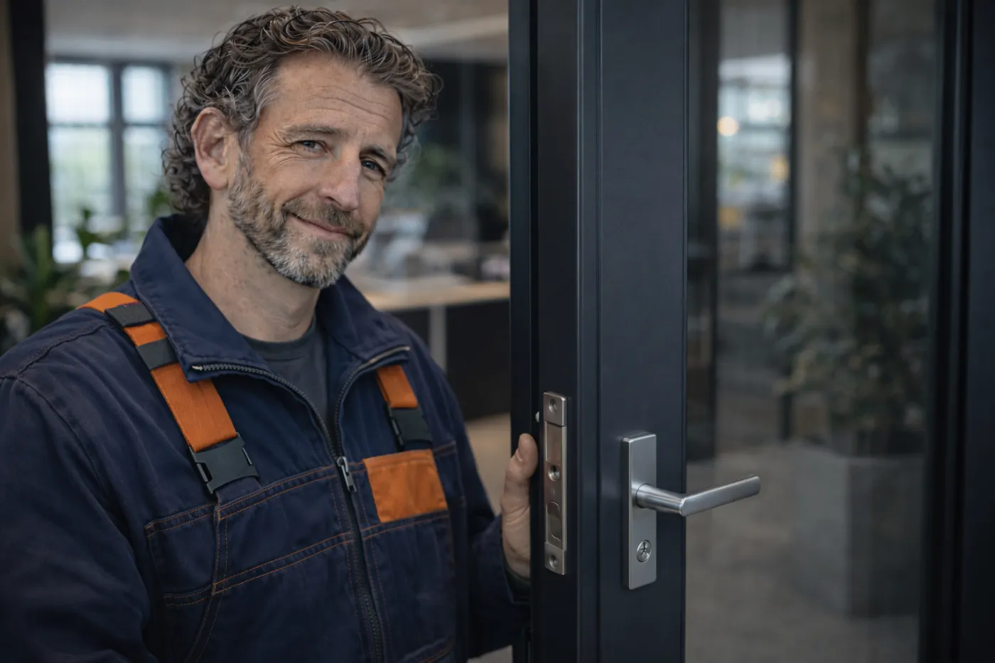 Commercial locksmith in Charlottesville VA securing a business door